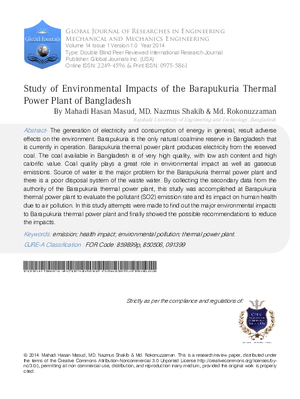 Study of Environmental Impacts of the Barapukuria Thermal Power Plant of Bangladesh
