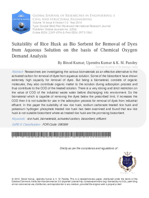Suitability of Rice Husk as Biosorbent for Removal of Dyes from Aqueous Solution on the Basis of Chemical Oxygen Demand Analysis