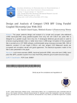 Design and Analysis of Compact UWB BPF using Parallel Coupled Microstrip Line with DGS