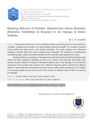 Repairing Behavior of Termites Odontotermes Obesus (Rambur),(Blattodea: Termitidae) in Response to the Damage of Indoor Mudtube