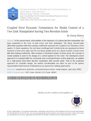 Coupled Error Dynamic Formulation for Modal Control of a Two Link Manipulator Having Two Revolute Joints